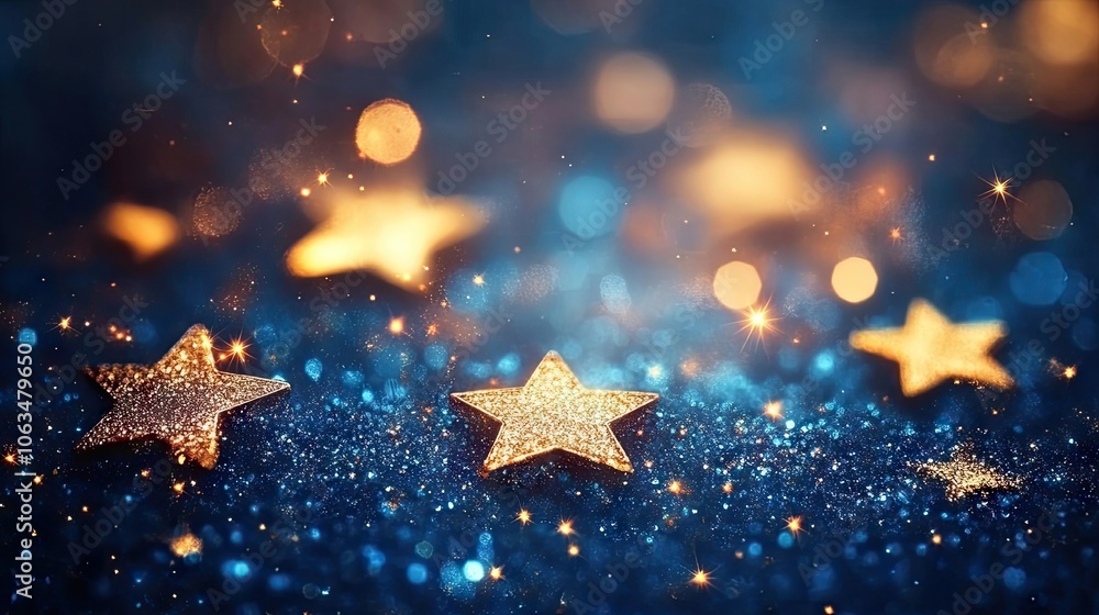 Poster blue sparkling background with golden stars creates a mesmerizing visual effect. this captivating bl