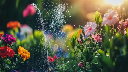 Lush Garden with Vibrant Flowers and Gentle Watering