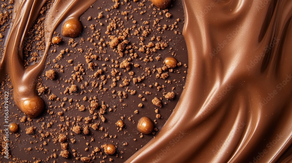 Poster close-up image of a delectable melted chocolate bar adorned with cookie crumb sprinkles and ample co