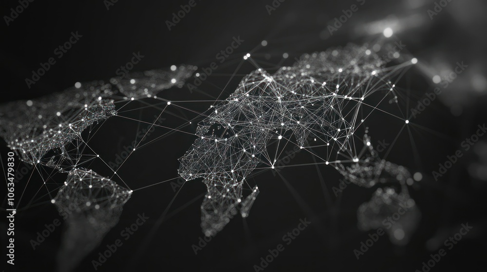 Poster digital world map with particles connected global geometric network new technology background wallpa