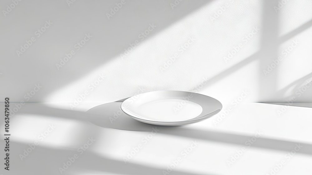 Poster minimalist flat lay of a classic white plate resting on a simple white table creates a serene atmosp