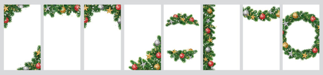 Christmas tree decoration. Holiday garland, festive corner, Christmas wreath. Frame, branch with Christmas glitter ornaments. Vertical format for social media. Transparent background in vector file.