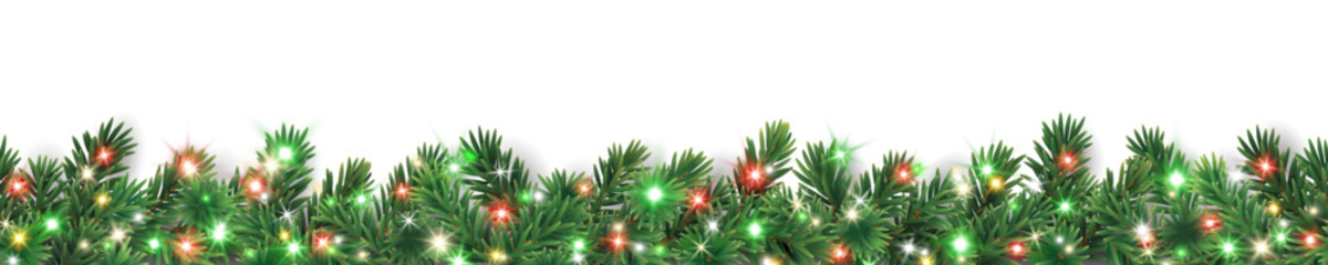 Christmas tree seamless garland on transparent background. Realistic pine-tree branches with glowing sparkling Christmas lights decoration. Vector border for holiday banners, party posters, headers. © Olga Prozorova