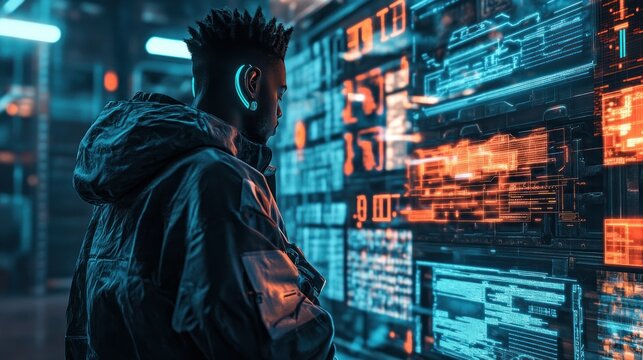 A young man engineer is looking at a digital cyber technology screen cyberpunk background wallpaper AI generated image