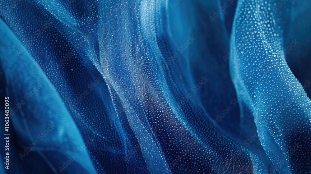 Poster close-up of water droplets on a blue transparent curtain, highlighting the intricate patterns create