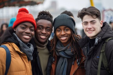 Two couples stand closely together, smiling at the camera in an amusement park. They're warmly dressed in jackets, beanies, and scarves.