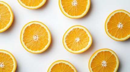 Fototapeta premium Fresh, juicy orange slices isolated against a white background, capturing the vibrant color and texture of oranges. Perfectly arranged with ample copy space for various uses.