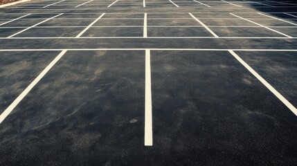 Aerial view of an empty parking lot, highlighting the vast space and organized lines, perfect for illustrating the concept of an unused parking lot with ample copy space.
