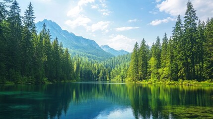 Scenic mountain landscape captured on a sunny day, highlighting vibrant forests and clear lakes, offers an inviting view of natures beauty with ample copy space.