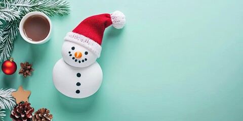 Flatlay from above showing a snowman themed to do list set against a mint green backdrop. This reflects planning for holiday goals and activities.