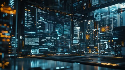 Fototapeta premium Robot with artificial intelligence is working on digital cyber data analysis desktop screen background wallpaper AI generated image