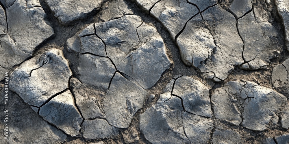 Poster the surface features a texture characterized by a pattern of cracks within gray sand, showcasing the