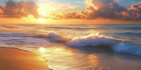 Waves gently rolling over the sandy shore during a low tide, just before the sun sets, create a beautiful and serene coastal scene.
