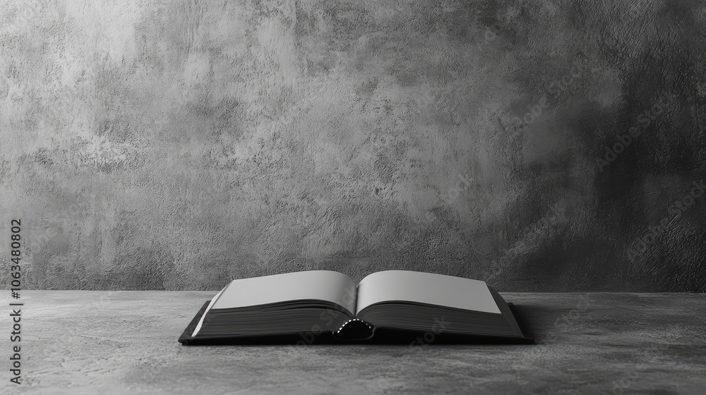 Poster a minimalist book rests on a smooth, textured surface, emphasizing its open design, perfect for back
