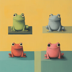 an illustration of  minimalistic scene of frogs in simple, richly colored squares
