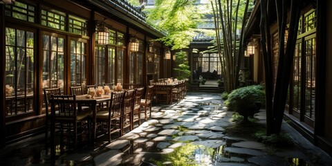 A secluded courtyard with stone pathways, wooden beams, and a table set for a meal, bathed in the dappled light of sun filtering through the leaves of surrounding trees.