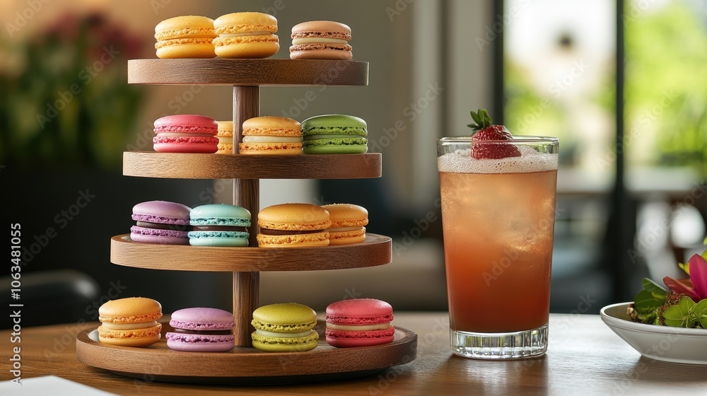 Poster multi-tier wooden tray platter filled with colorful macarons and a refreshing beverage, creating a d