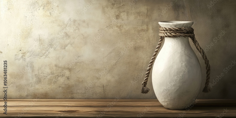 Poster a white vase with a rope frame rests on a wooden table, accompanied by some empty space around it fo