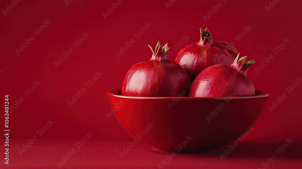 Aufkleber red ripe pomegranate sits in a bowl against a vibrant red background, highlighting the rich color an