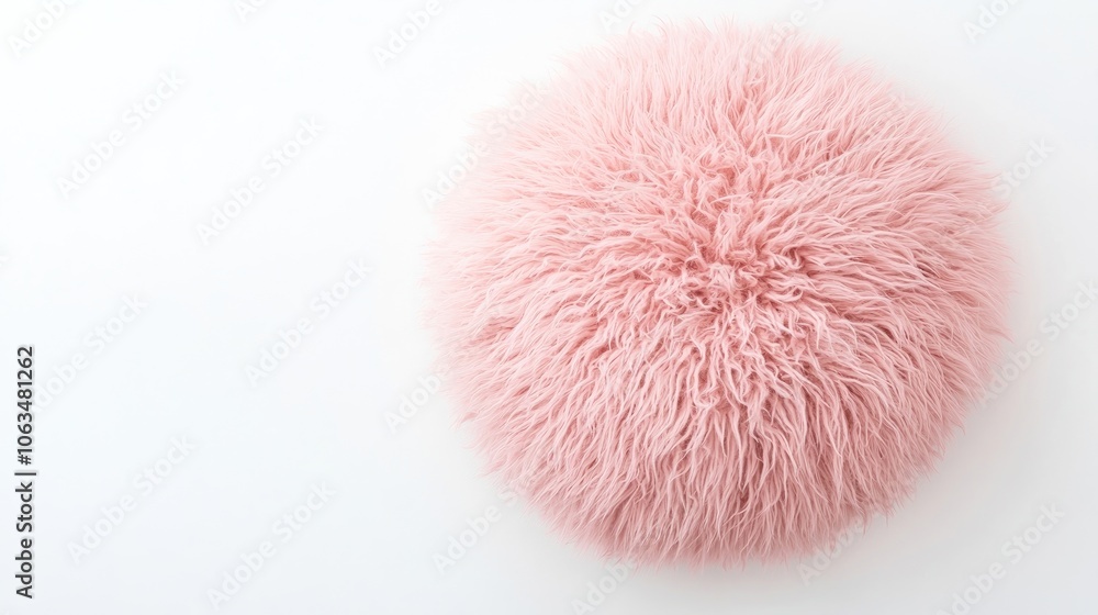 Poster pink pastel fluffy round plush pillow arranged on a clean white background, creating a soft and invi