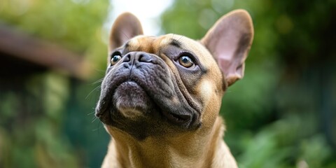 Fototapeta premium A French Bulldog is reacting to its owners call in an outdoor environment, with a focus on the dog amidst the surrounding nature.