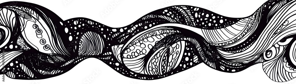 Poster black and white abstract doodle with wave shapes and patterns.