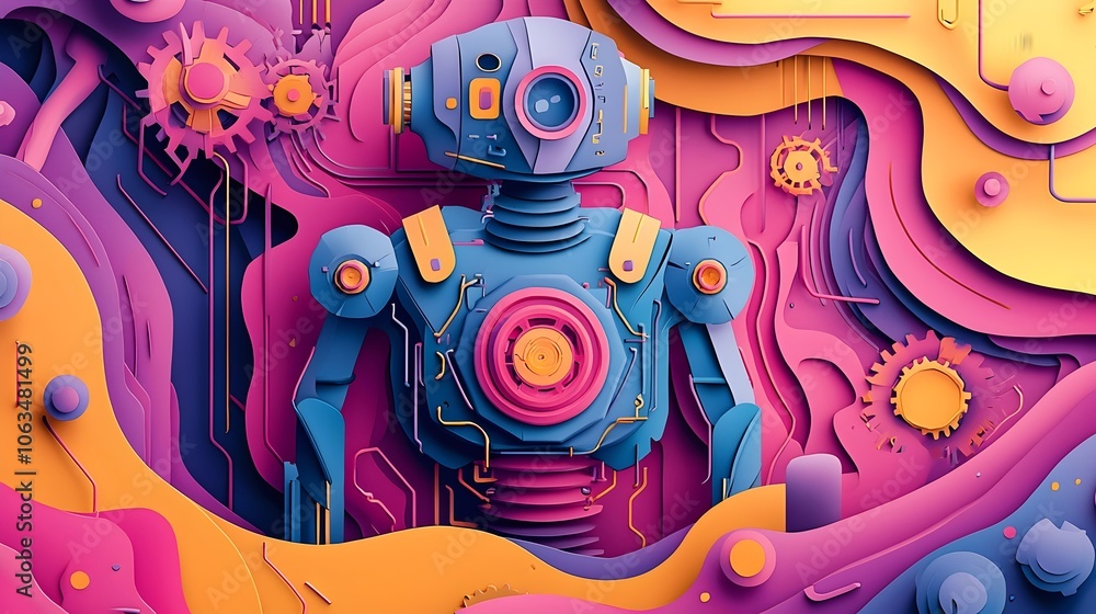 Poster futuristic paper cut style artwork depicting a robot with layered circuits gears and led like elemen