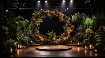 A circular wooden stage adorned with a lush tropical floral arrangement, illuminated by warm candlelight, creates a captivating backdrop for a special occasion.