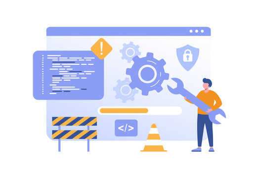 Web development. Web Developer, programming languages. css, html, it, ui. programmer cartoon character developing website, coding. flat illustration banner for website