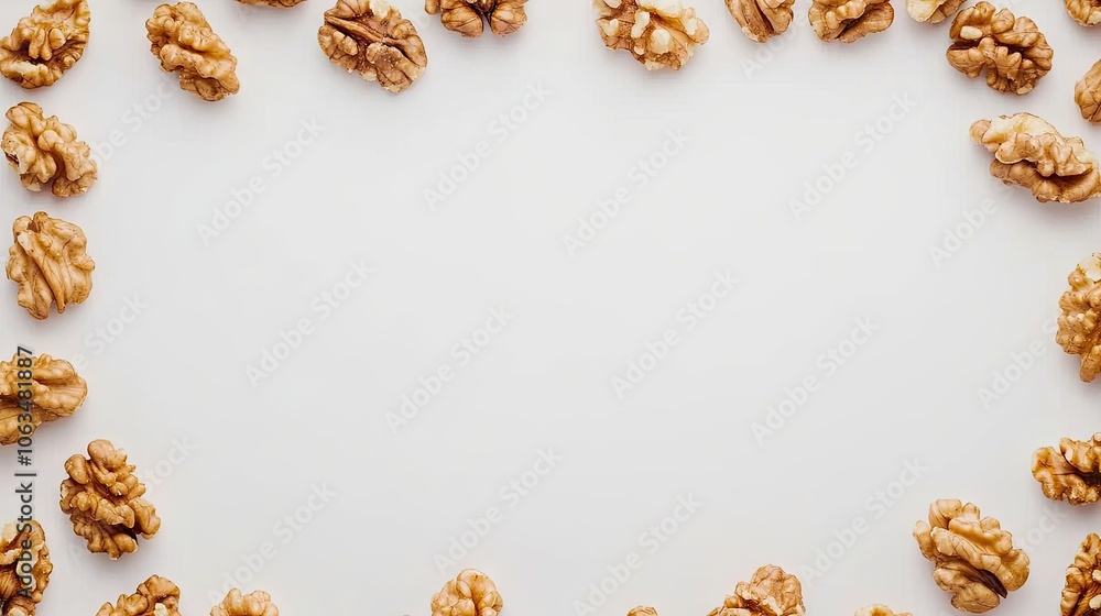Poster a flat lay of delicious walnuts arranged on a clean, blank background, creating a visually appealing
