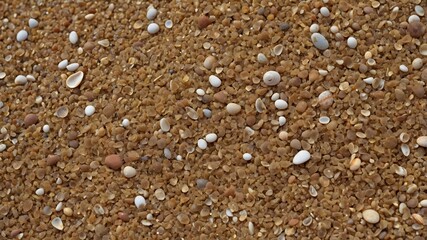 A close-up view of a beach covered with small pebbles, sand grains, and tiny seashell fragments