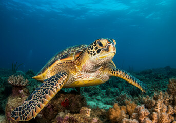Obraz premium Hawksbill Turtle eretmochelys imbricata floats under water. Maldives Indian Ocean coral reef, wild life