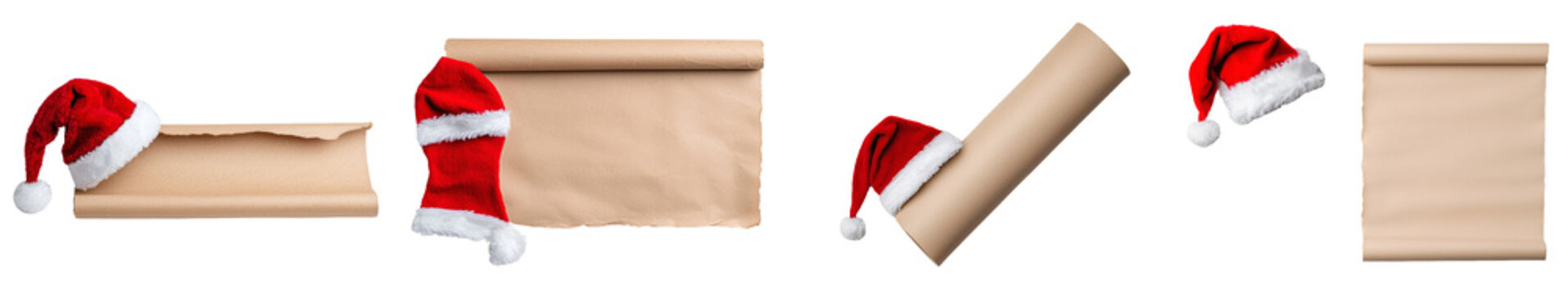 An empty parchment scroll with a red Santa hat draped across the top on a white background.