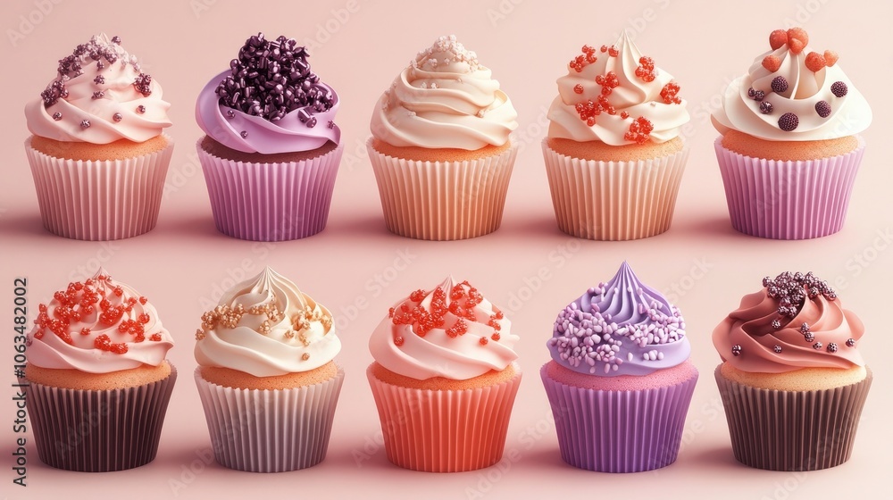 Poster twelve cupcakes creatively arranged with a gradient of frosting and a variety of toppings, perfect f