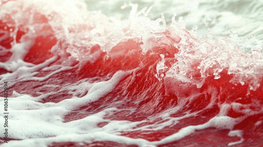 Poster close-up image capturing red waves interacting with rolling foam, creating a dynamic scene of colors