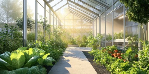 Contemporary premium glass indoor greenhouse featuring thriving green plants and a vibrant garden filled with cabbages and tomatoes, creating a lush interior environment.