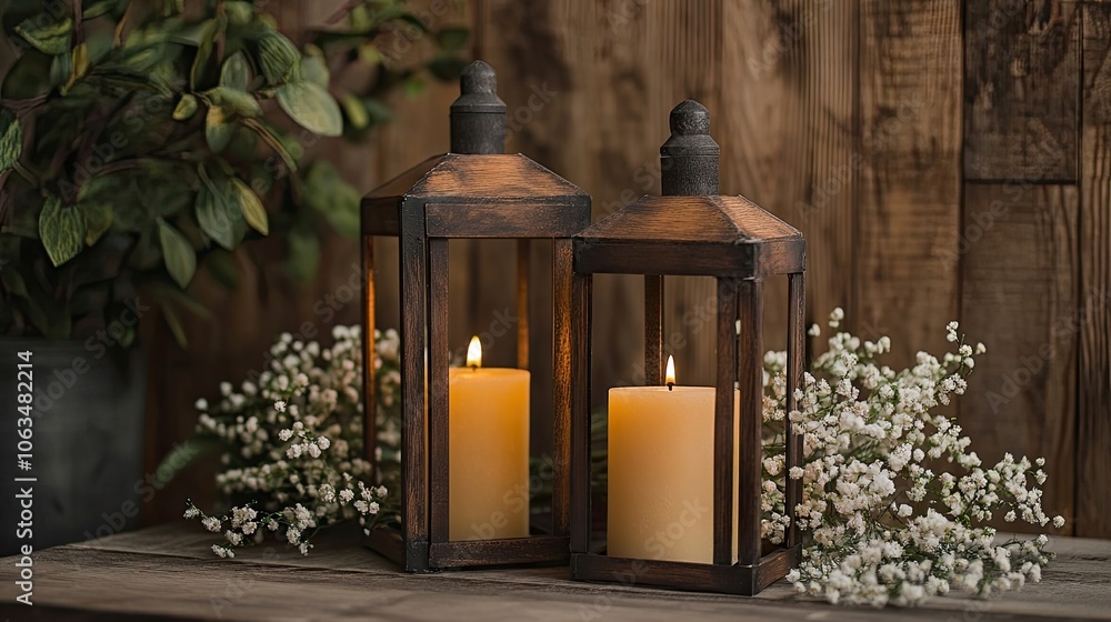 Poster rustic candle lanterns create a warm and inviting atmosphere in a moody lit setting, perfect for add