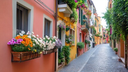 Obraz premium Row of Colorful Townhouses with Flower Boxes on Windowsills Along Quiet City Lane