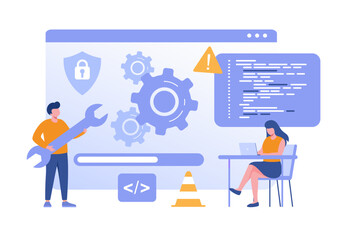 Web development. Web Developer, programming languages. css, html, it, ui. programmer cartoon character developing website, coding. flat illustration banner for website