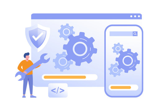 Web development. Web Developer, programming languages. css, html, it, ui. programmer cartoon character developing website, coding. flat illustration banner for website