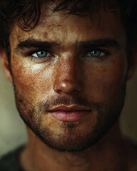 Obraz premium Close-Up Portrait of a Handsome Man with Intense Gaze and Natural Freckles - Character Study - Vertical