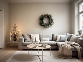 Christmas wreath on the wall in simple minimalist living room in neutral colors. Minimalist festive Christmas decor in interior.