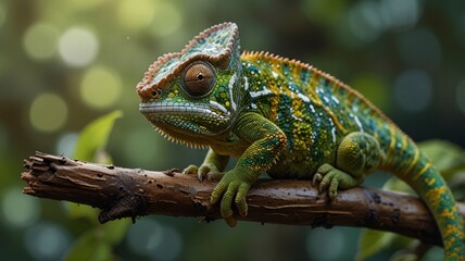 A chameleon perched on a tree branch. The intricate patterns and unique eye structure of the chameleon, which allows it to focus independently with each eye, are clearly visible.