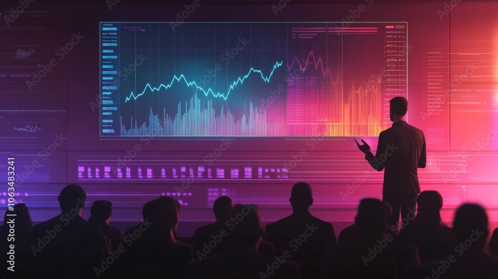 Poster a presenter stands before an audience, showcasing a vibrant graph on a large screen, highlighting da
