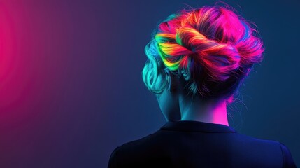 Modern woman with neon lighted hair captured from the rear, emphasizing the vibrant hues and unique styling. This image of a modern woman offers a striking visual with ample copy space.