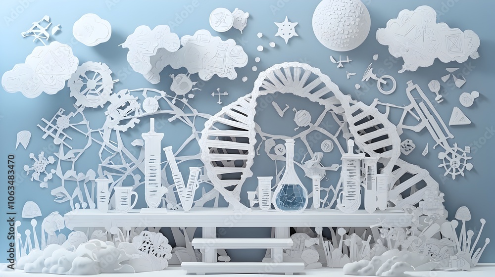 Poster intricate paper cut style of a bioengineering laboratory with layered dna strands test tubes and var