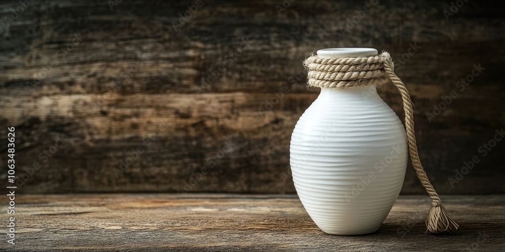 Poster a white vase with a rope frame rests on a wooden table, accompanied by some empty space around it fo