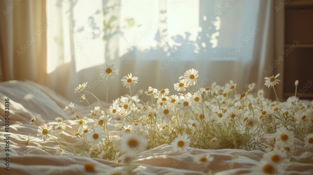 Poster chamomile flowers in soft focus create a serene ambiance, enhancing the gentle comfort of a boho-sty