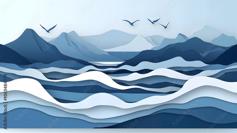 Poster layered coastal landscape with cliffs flowing waves and seabirds in a paper cut out style serene and