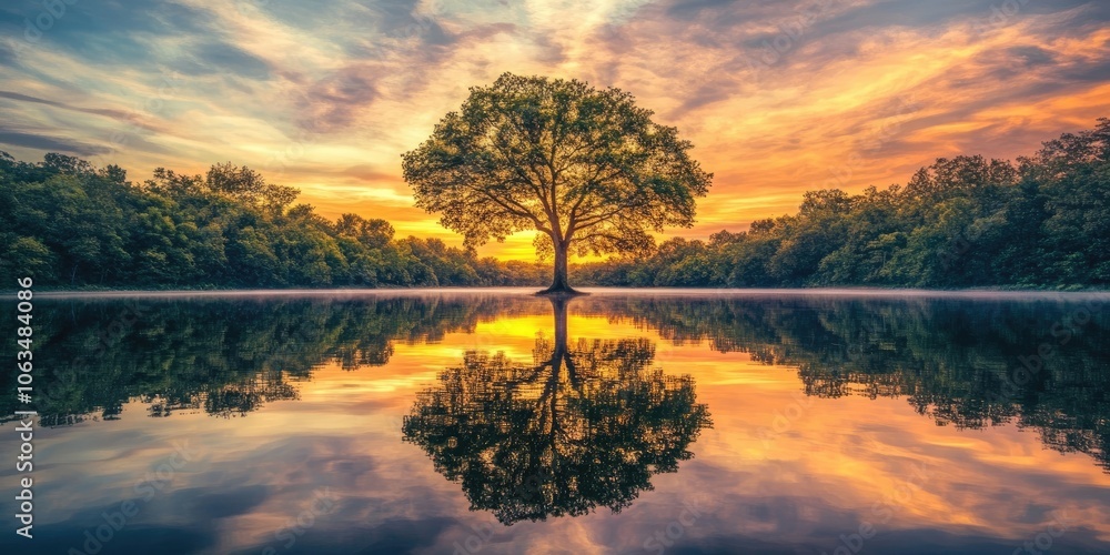 Poster a tree is mirrored on the surface of a lake, with the backdrop of a sunset illuminating the forest, 